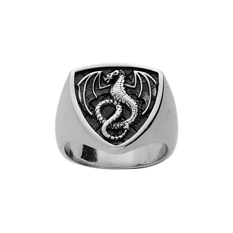 BAGUE ACIER FORME ECUSSON FOND PATINÉ DRAGON