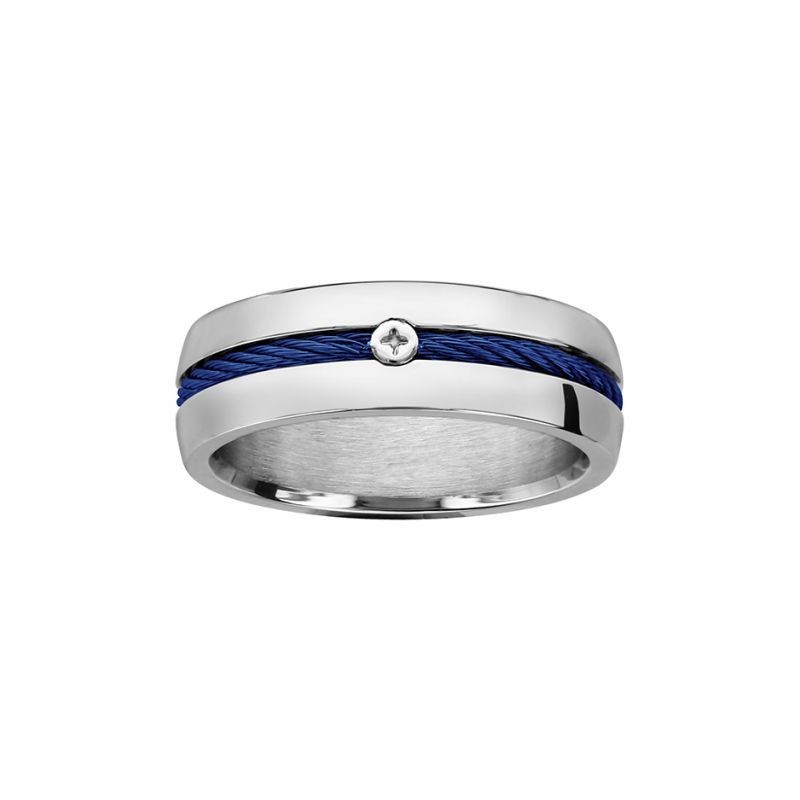 BAGUE ACIER CABLE AU CENTRE BLEU ET VIS